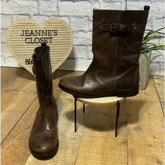 J. Crew Billie Short Womens Size 7 Brown Leather Mid Calf Buckle Boots - Picture 1 of 12
